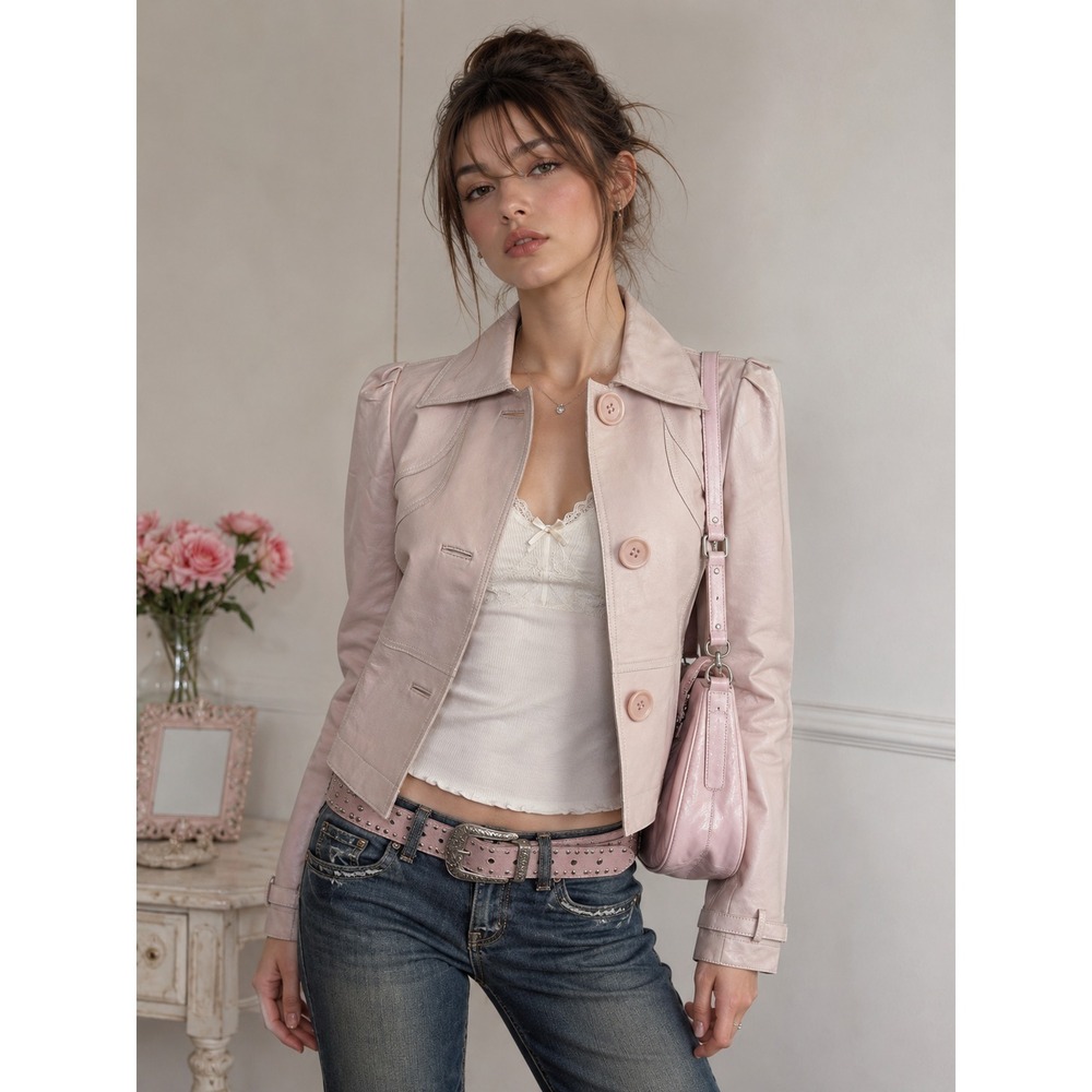 Spiegel Genuine Leather Jacket Pink Blush Puff Sleeve Y2K Cropped Women's Size 4